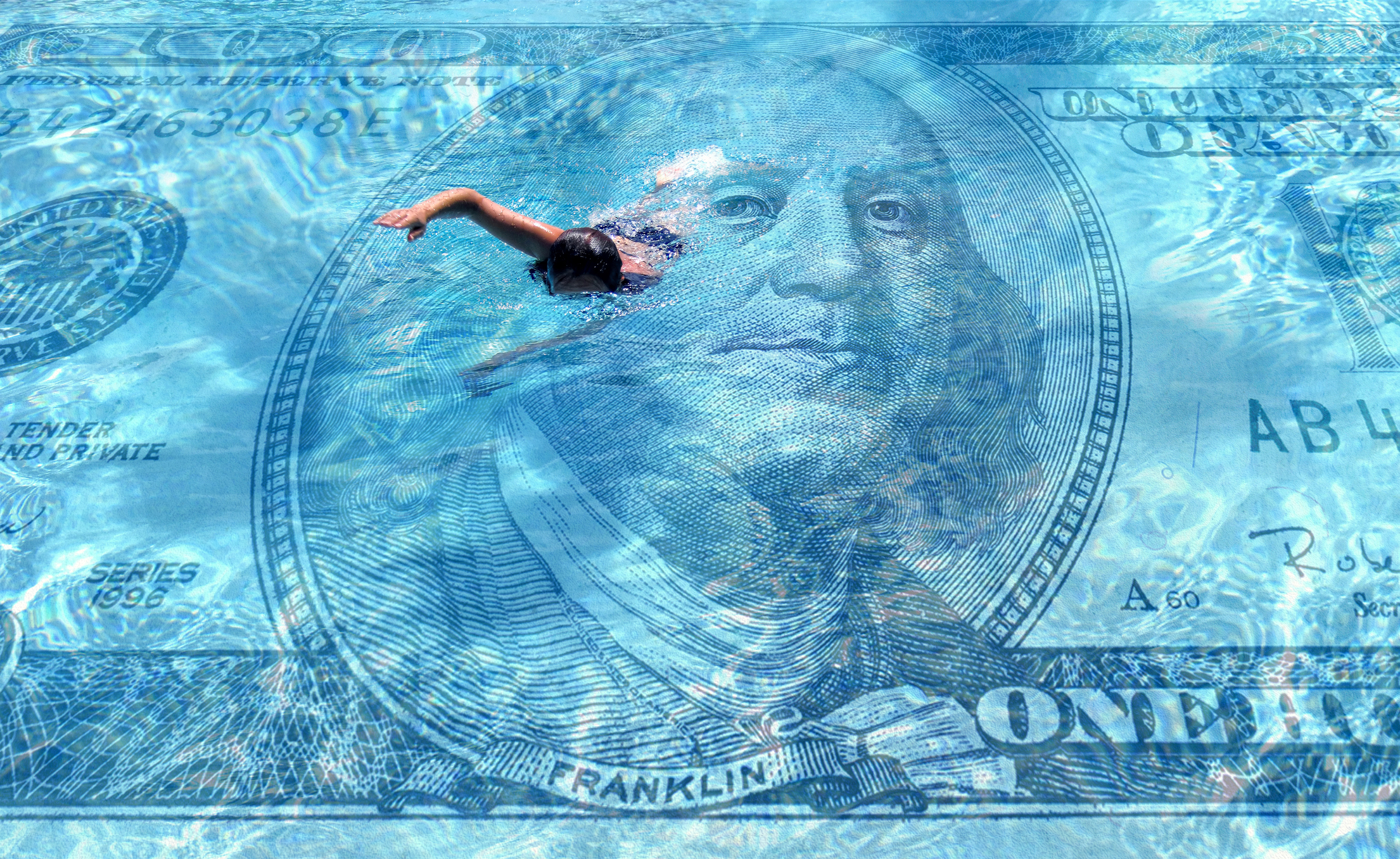 one person swimming on clear blue water covered with hundred dollar bill